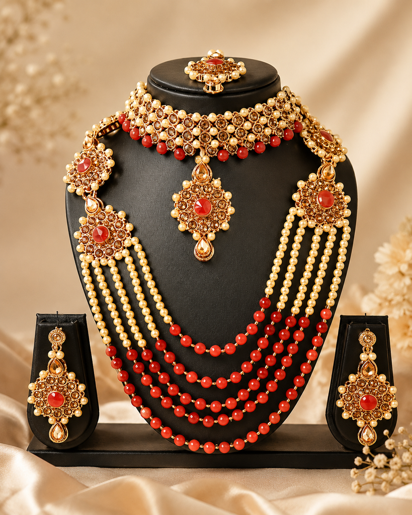 Ruby Red Pearl Bridal Set