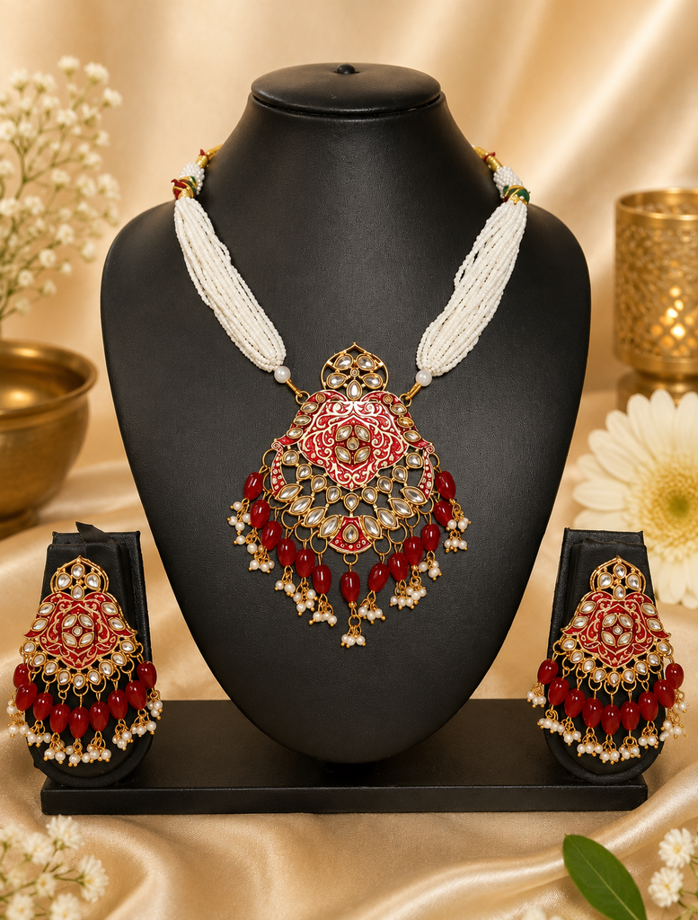 Ruby Red Pearl Kundan Set