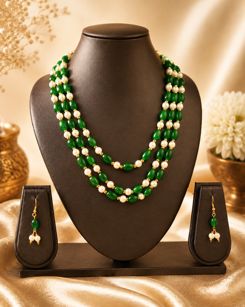 Green Pearl Layered Necklace Set